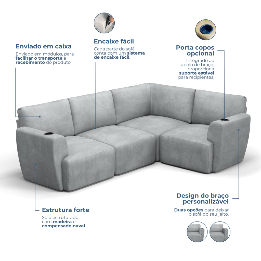 Sofá Damie Na Caixa Modular 4 Lugares em L + Apoio de Pé Grátis (Puff)