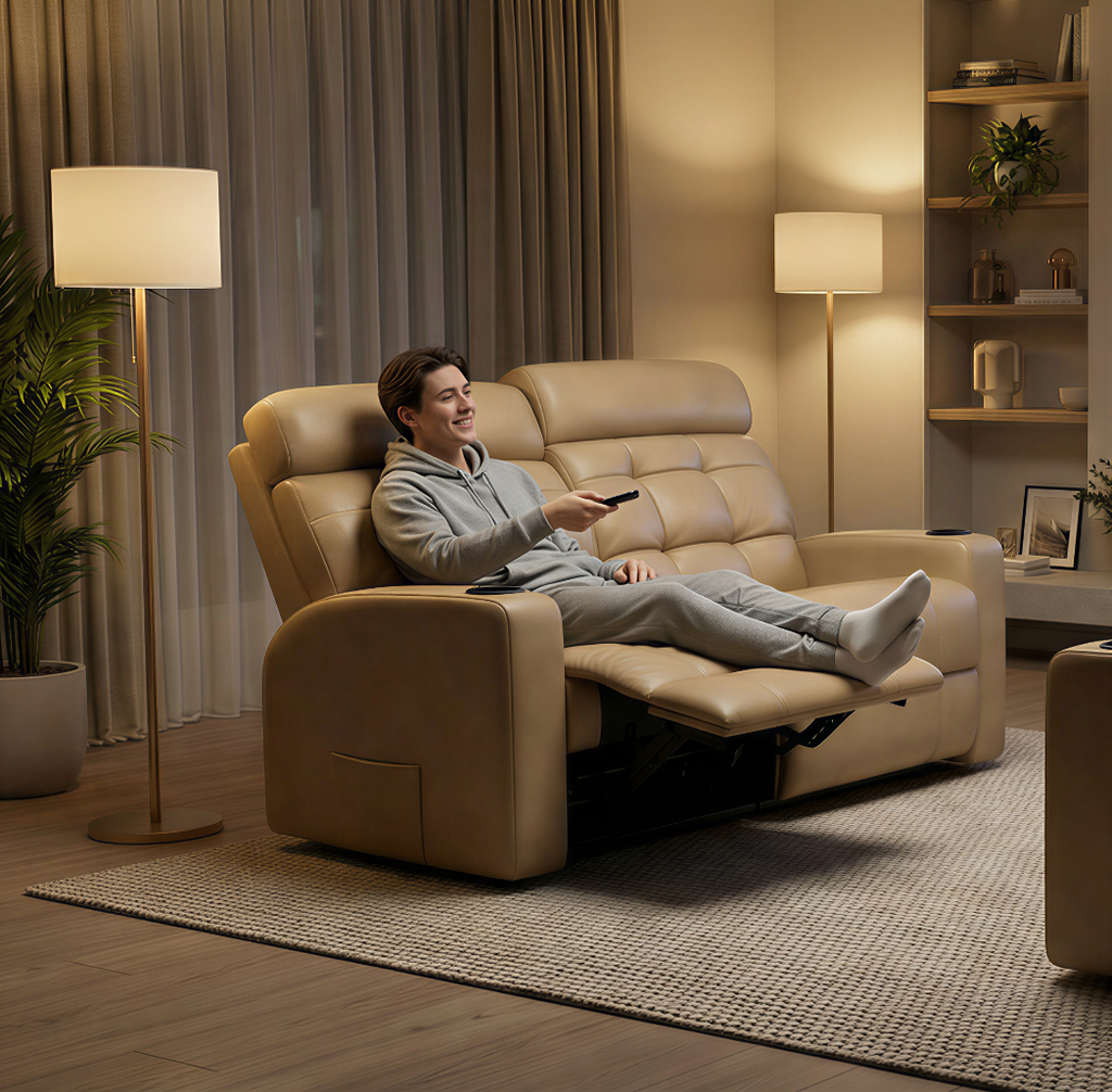 Jovem sentado em uma poltrona de cinema Damie bege de 2 lugares em uma sala de estar aconchegante