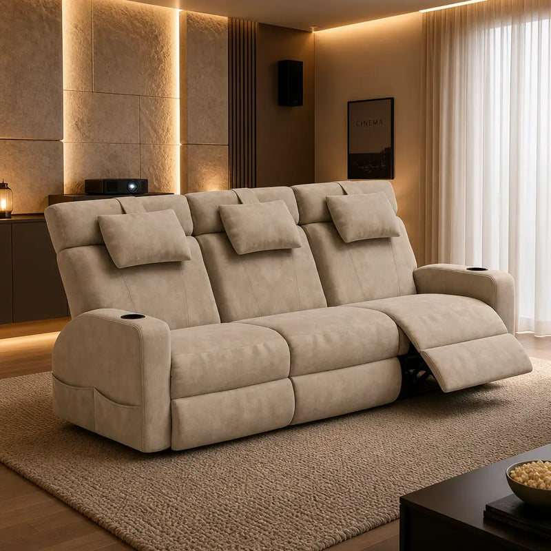 Poltrona Cinema Damie 2.0 — Tecido Suede Bege — 3 Lugares Sem Braço — ambientada