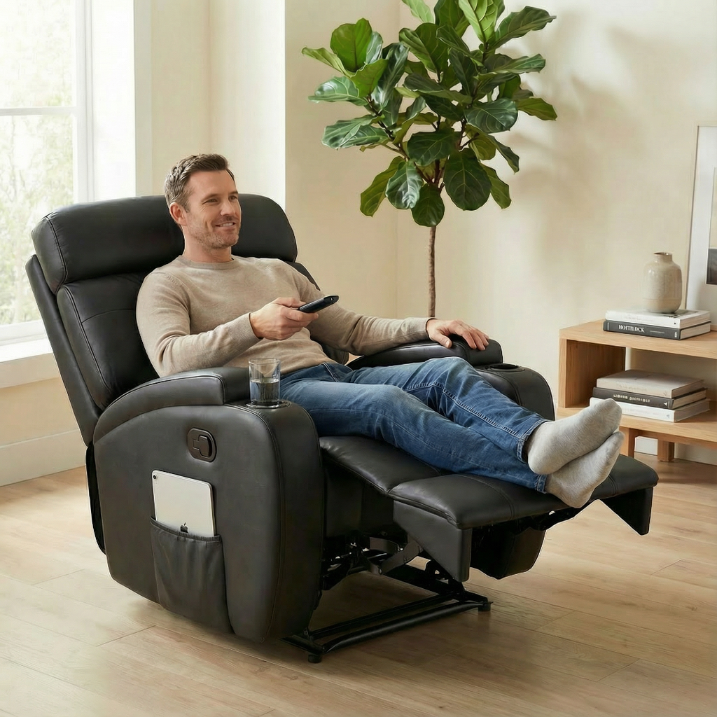 Homem sorrindo sentado em uma poltrona reclinável de couro preta com controle remoto na mão e um copo ao lado.