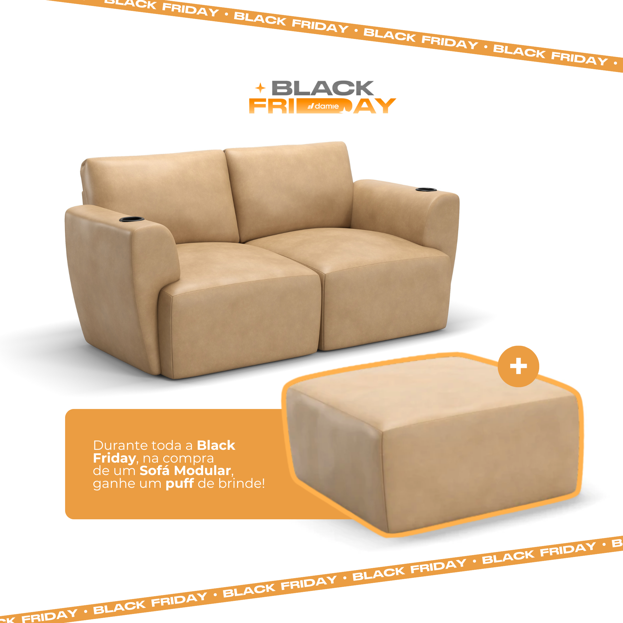 Sofá Damie Na Caixa Modular 2 Lugares + Apoio de Pé Grátis (Puff)