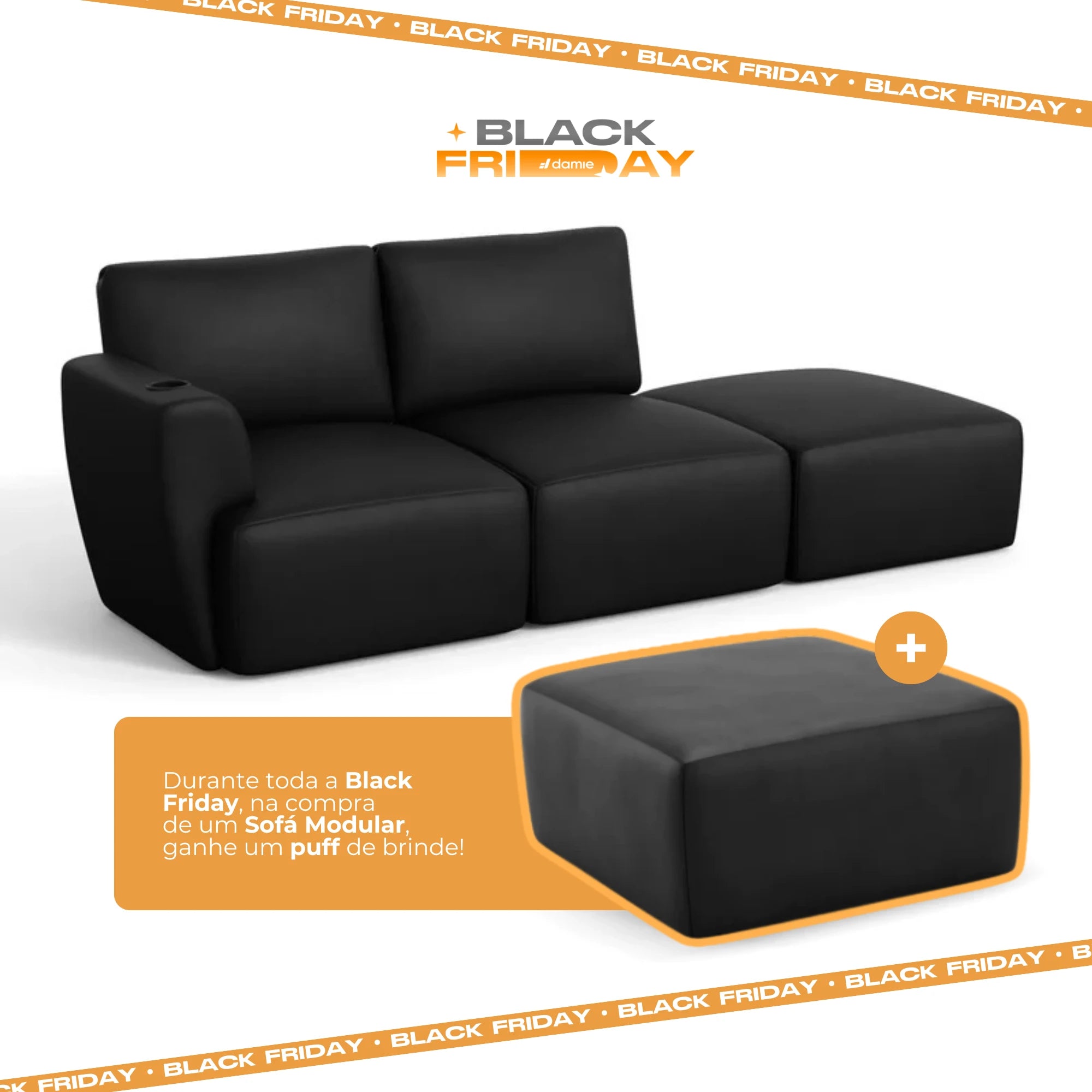 Sofá Damie na Caixa Modular 2 Lugares com 1 Braço + Apoio de Pé Grátis (Puff)