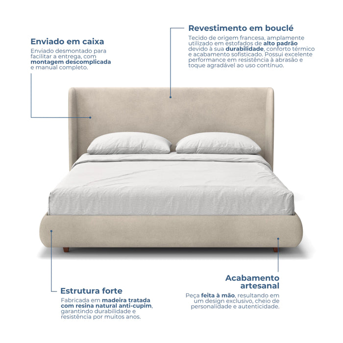 Cama estofada Damie Slim com destaques de suas características: revestimento em bouclé, estrutura forte, acabamento artesanal e envio em caixa com montagem descomplicada.