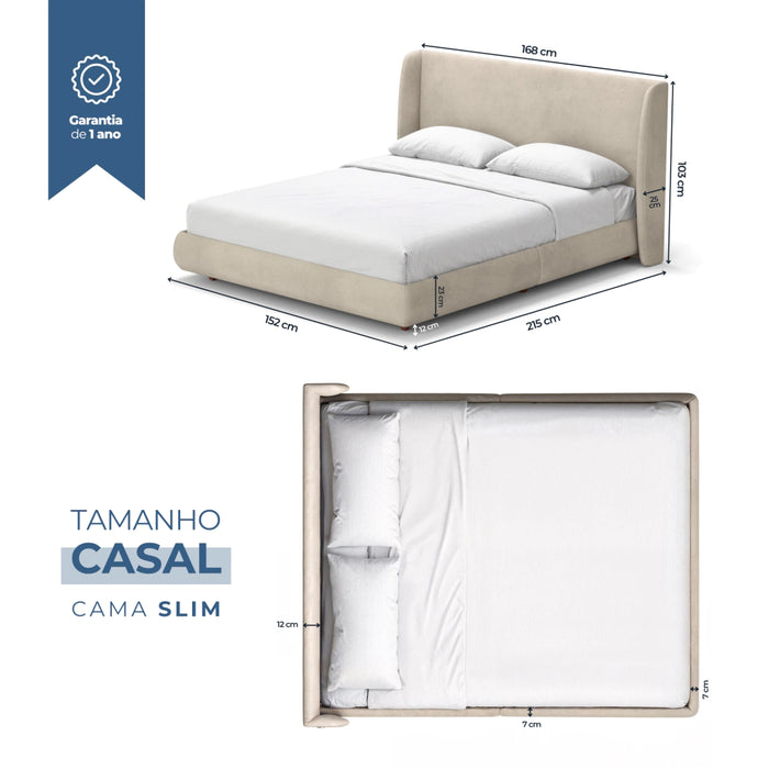Diagrama técnico da Cama Damie Slim no tamanho Casal, com dimensões de 152x215x103 cm e selo de garantia de 1 ano.