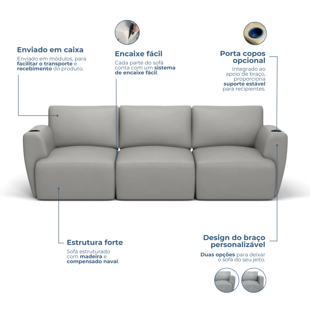 Sofá Damie Na Caixa Modular 3 Lugares