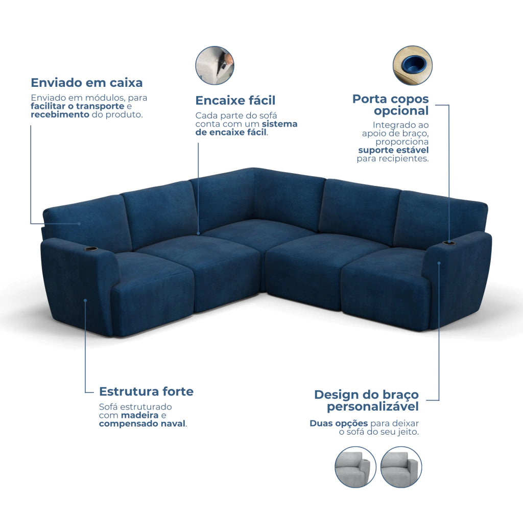 Sofá Damie Na Caixa Modular 5 Lugares em L