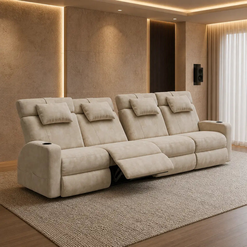 Poltrona Cinema Damie 2.0 — Tecido Suede Bege — 4 Lugares Sem Braço — ambientada