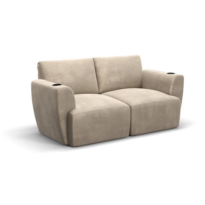 Sofá modular de 2 lugares na cor bege com porta-copos nos braços em fundo branco