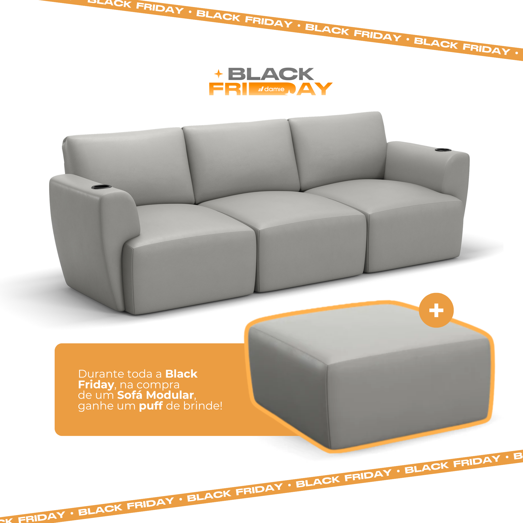 Sofá Damie Na Caixa Modular 3 Lugares + Apoio de Pé Grátis (Puff)