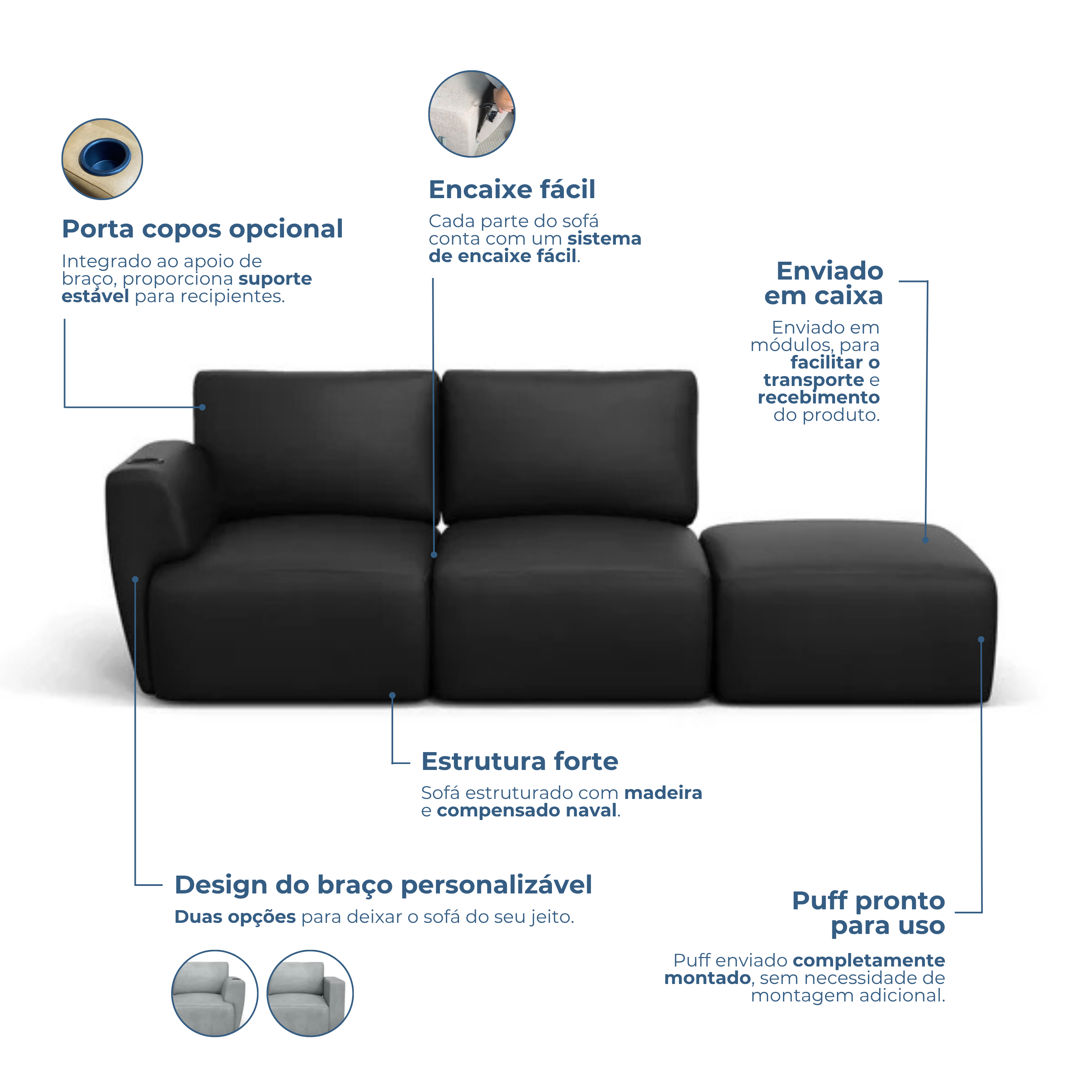Sofá Damie na Caixa Modular 2 Lugares com 1 Braço + Apoio de Pé Grátis (Puff)