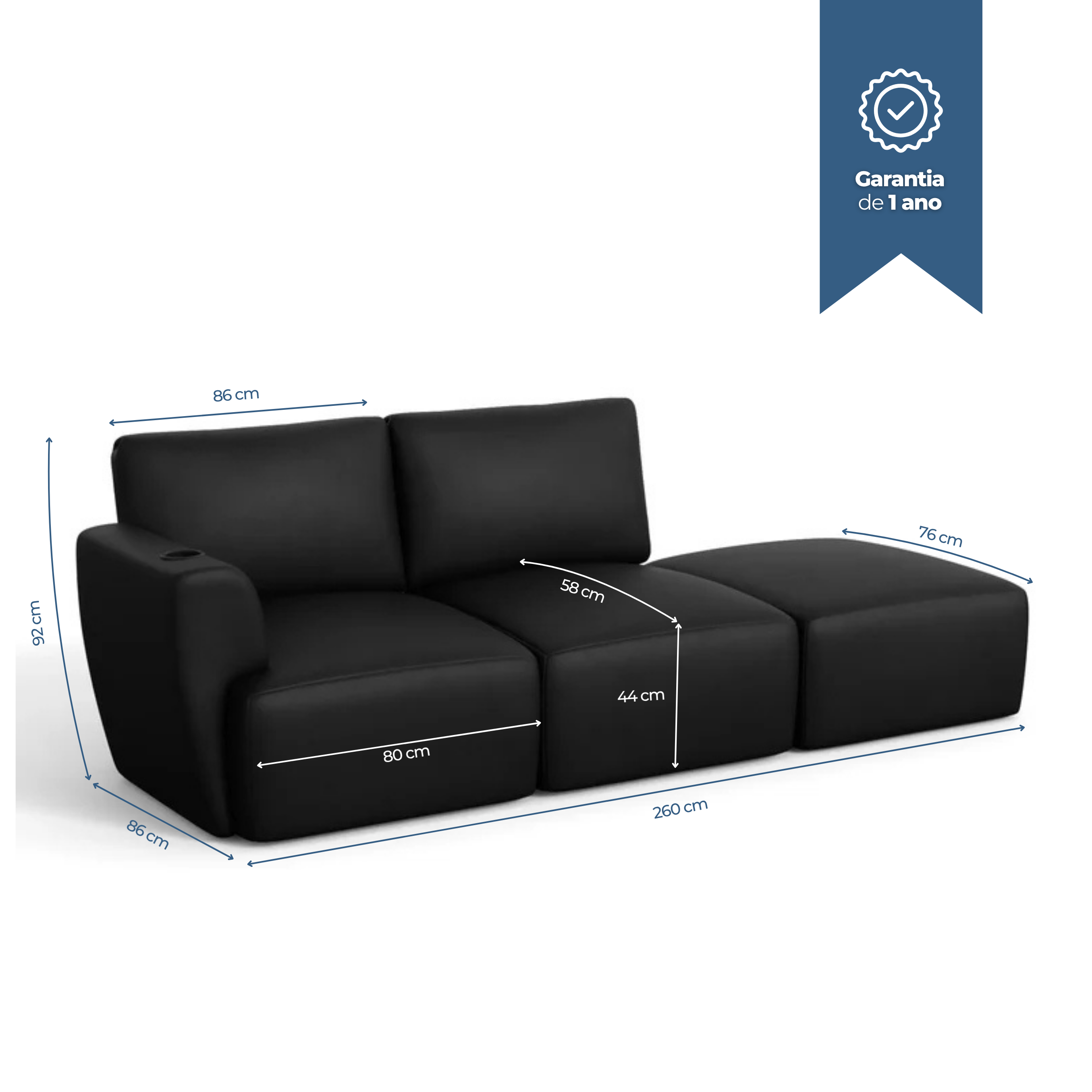 Sofá Damie na Caixa Modular 2 Lugares com 1 Braço e Apoio de Pés Grátis
