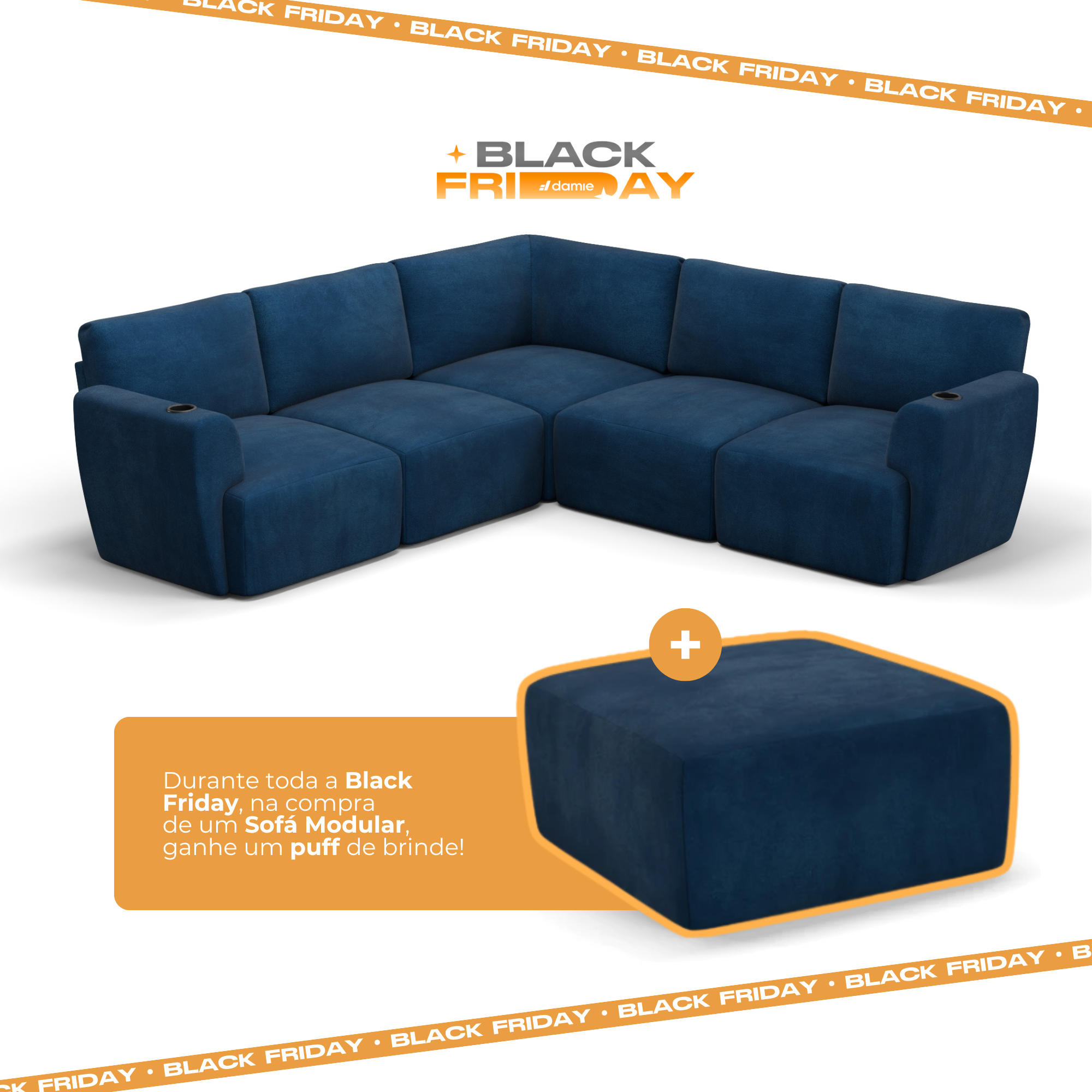 Sofá Damie Na Caixa Modular 5 Lugares em L + Apoio de Pé Grátis (Puff)